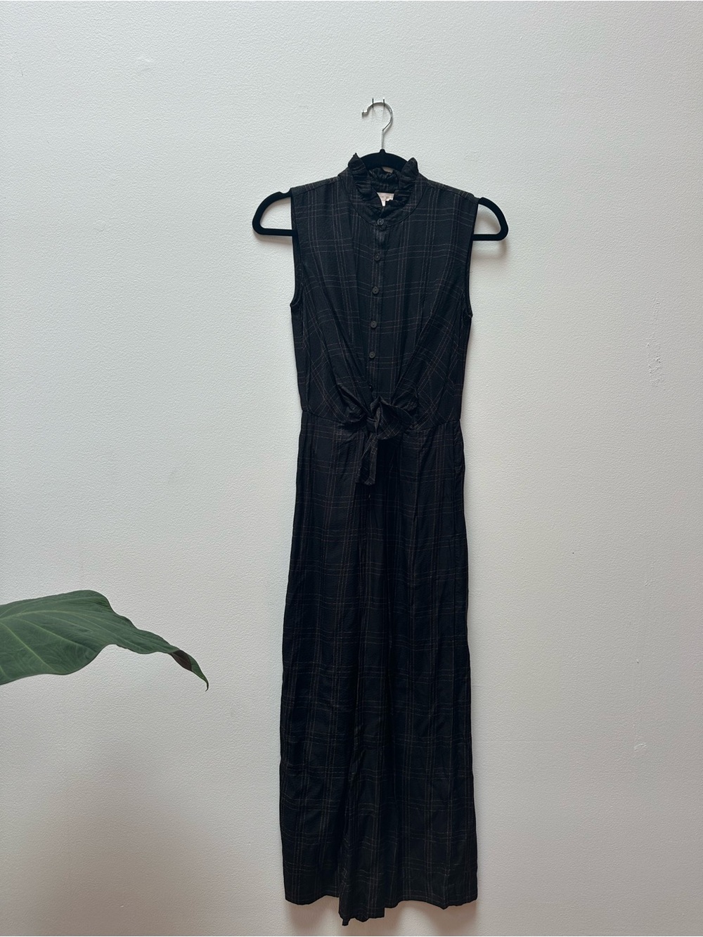 Rebecca Taylor Black Plaid Sleeveless Tie-Waist Maxi Dress